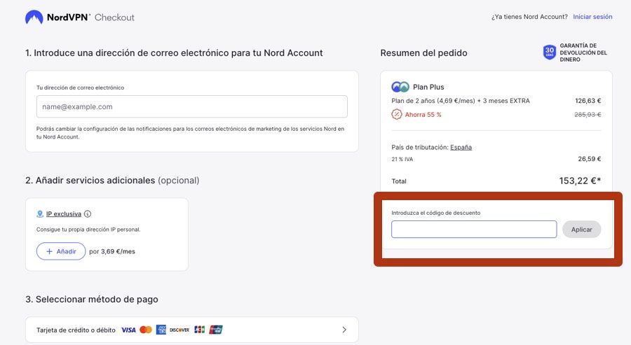 Escribir cupón descuento NordVPN