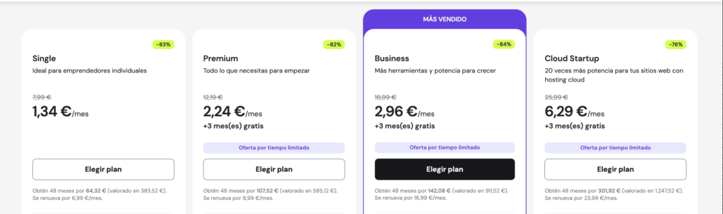 Planes de Hostinger con descuento aplicado